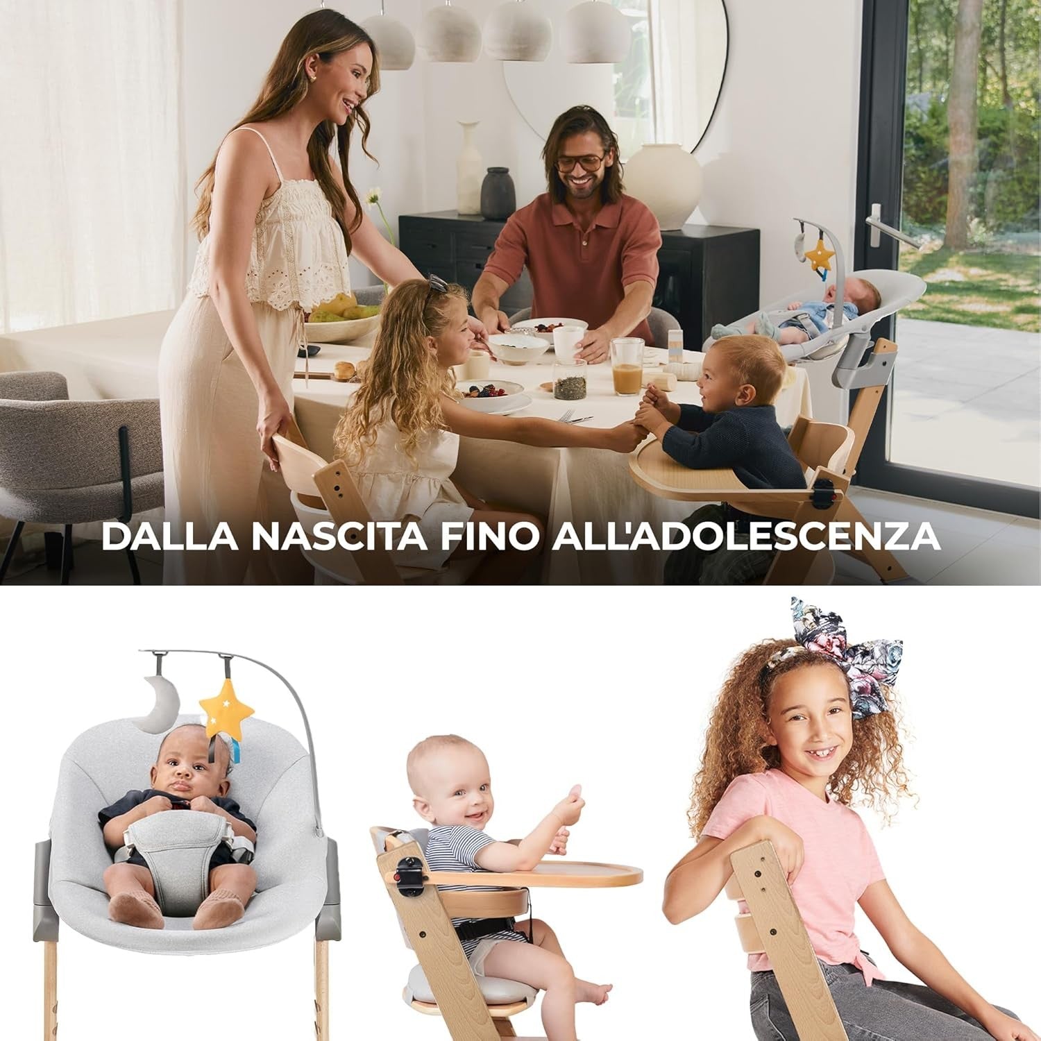 Seggiolone Enock In Legno Naturale 4 in 1 Con Sdraietta